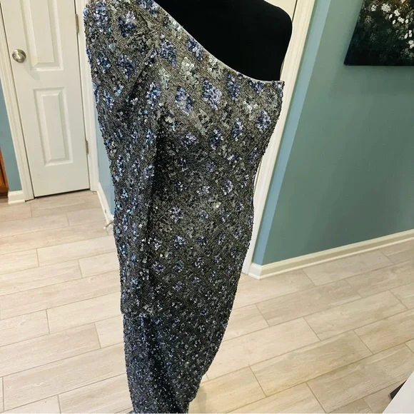 NWT Mac Duggal Sz 6 5479 Embellished One Shoulder Asymmetrical Gown Slate $798 - Picture 16 of 17